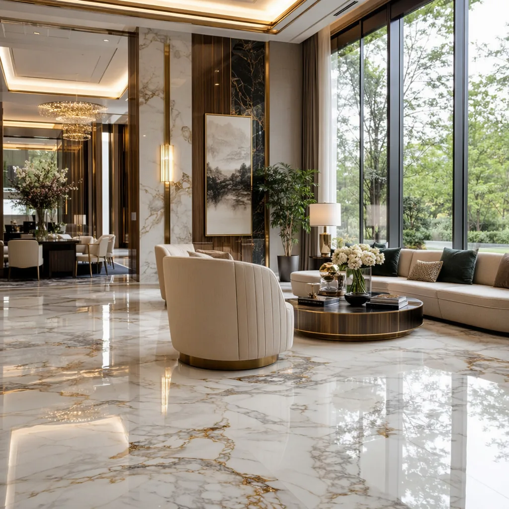 Statuario Gold Large-Format Marble-Effect Floor Tile — view 2